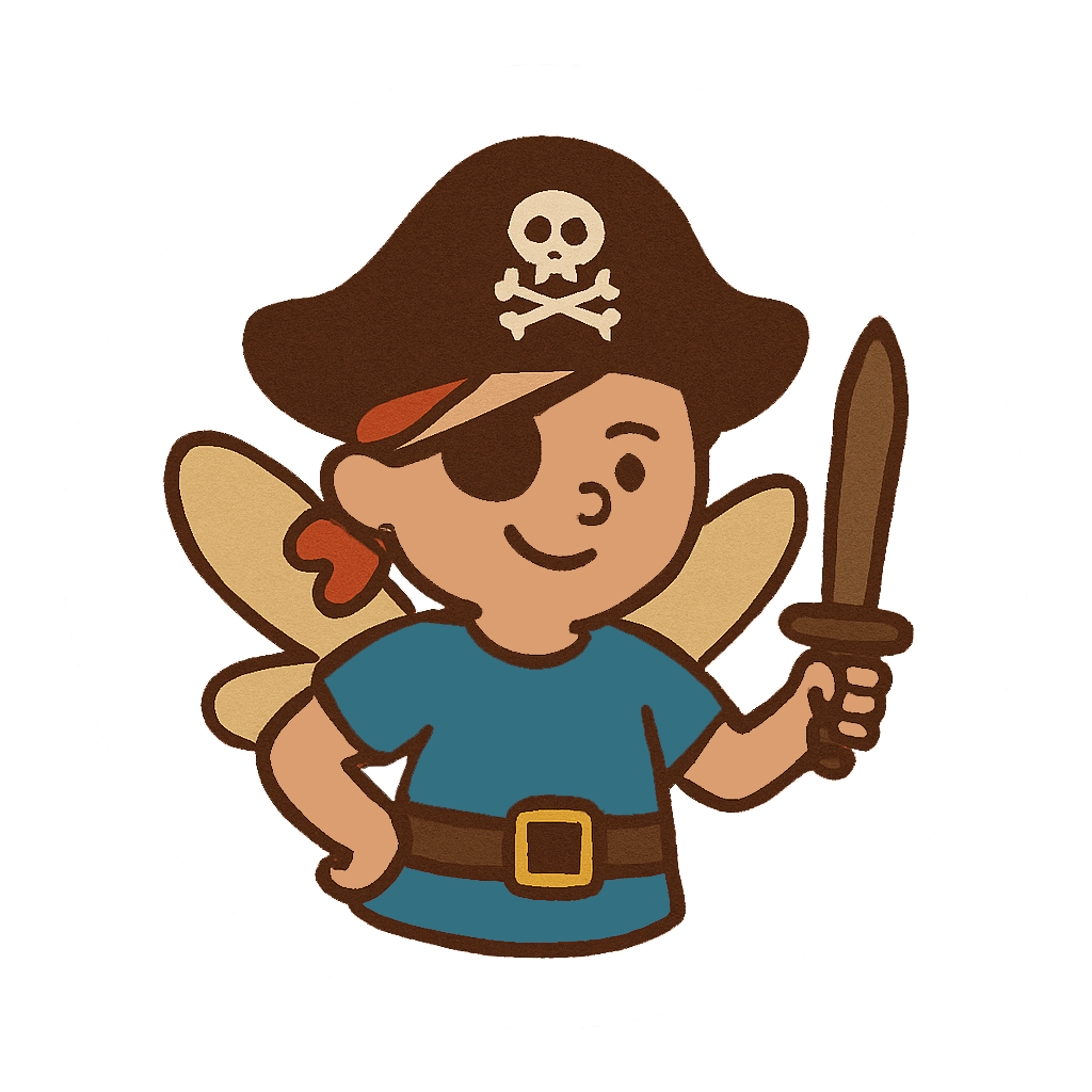 Cartoon of a young boy dressed as a pirate with an eyepatch, a pirate hat with a skull and crossbones, wings, and holding a sword - Character Starter, Embers Ensemble.