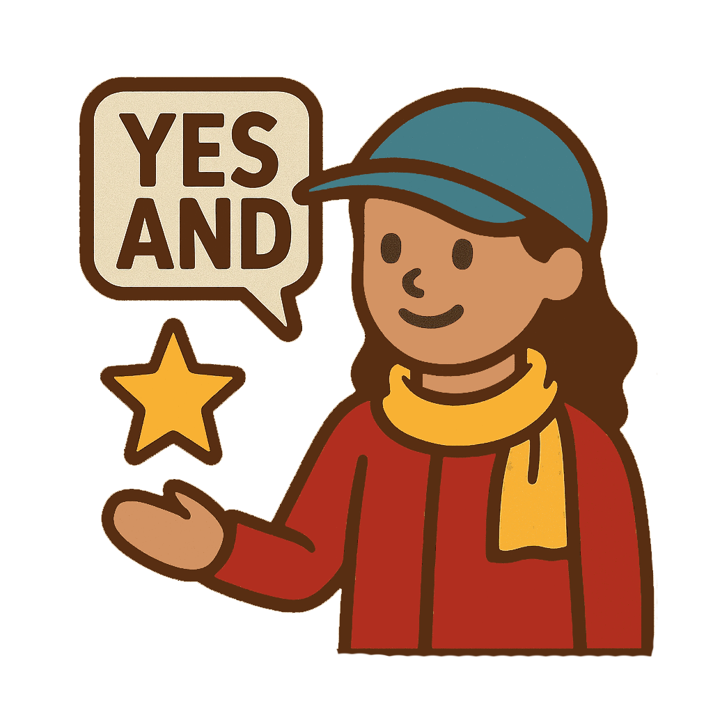 A cartoon girl wearing a blue cap, red jacket, and yellow scarf, smiling and gesturing with her hand, with a star and a speech bubble that says 'YES AND' near her - Improvisation Adventurer Award, Kindling Ensemble.