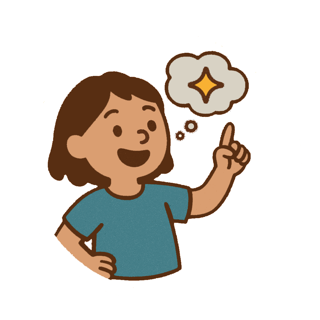 A happy cartoon girl with brown hair wearing a blue shirt, pointing upward with her index finger, and a thought bubble with a star inside - Imagination Builder, Embers Ensemble.