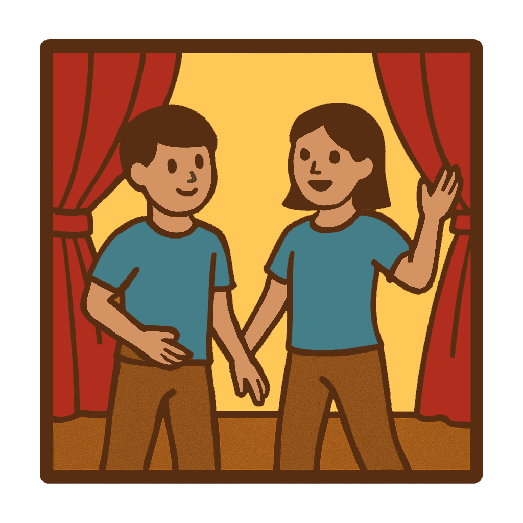 Two children on a stage with red curtains, smiling and waving - Stage Storyteller Award, Kindling Ensemble.