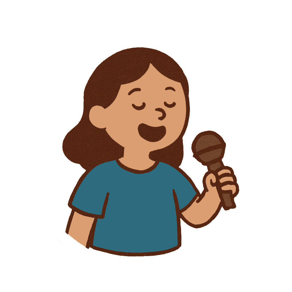 A smiling cartoon girl with brown hair holding a microphone, singing or speaking - Voice Explorer Award, Embers Ensemble.