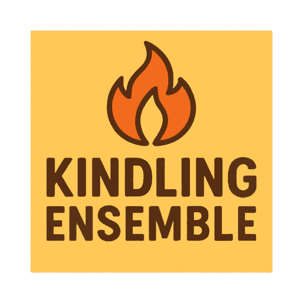 Logo with a flame icon and the words "Kindling Ensemble" on a yellow background.