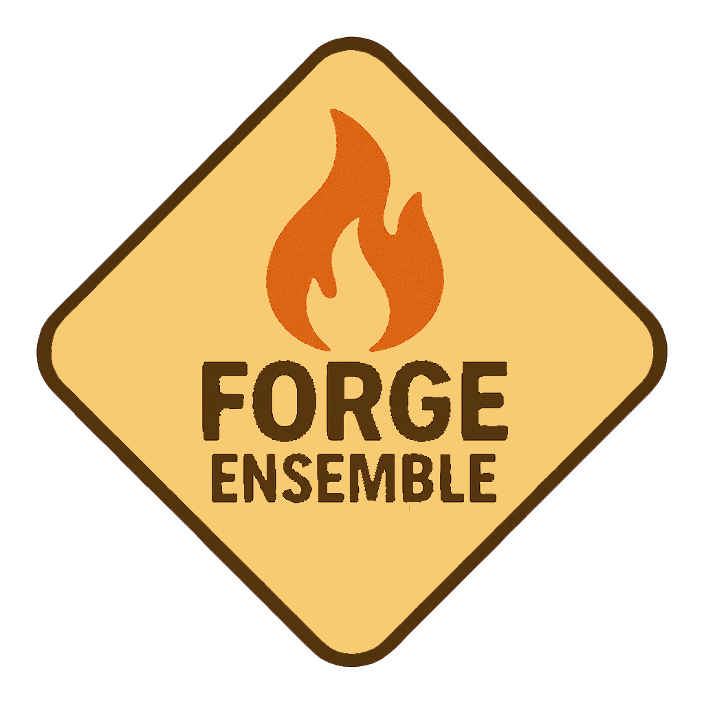 A safety sign with a flame icon and the text 'Forge Ensemble' in bold letters.
