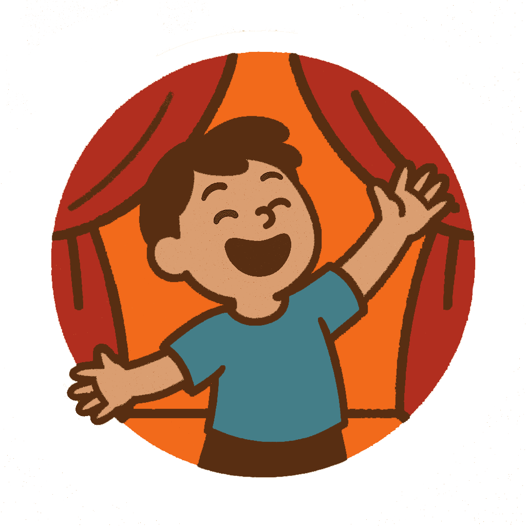 A happy child standing on stage with red curtains, arms open wide and a big smile, celebrating or performing - Mini Performer, Embers Ensemble.