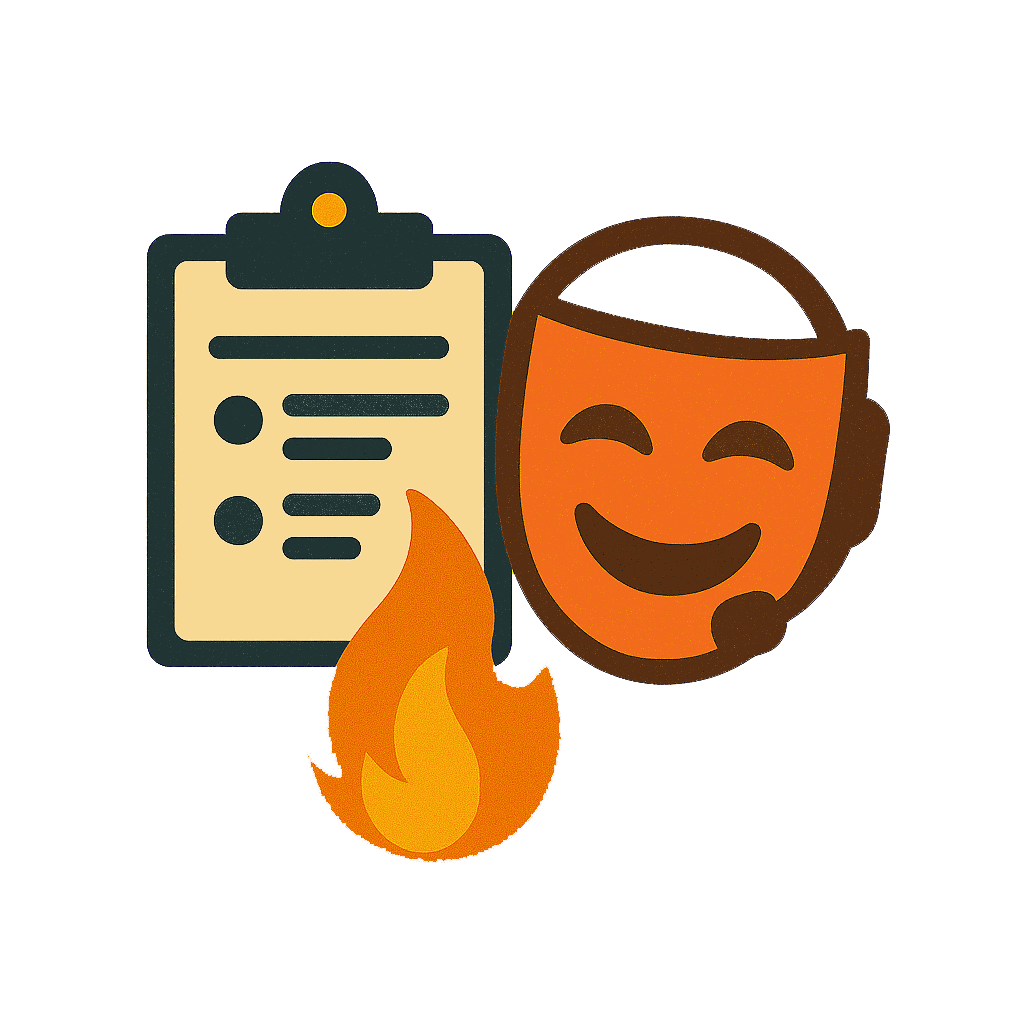 A smiling customer service representative wearing a headset, a clipboard with list items, a flame, and a thank you message in a speech bubble - Stage Manager Award, Blaze Ensemble.