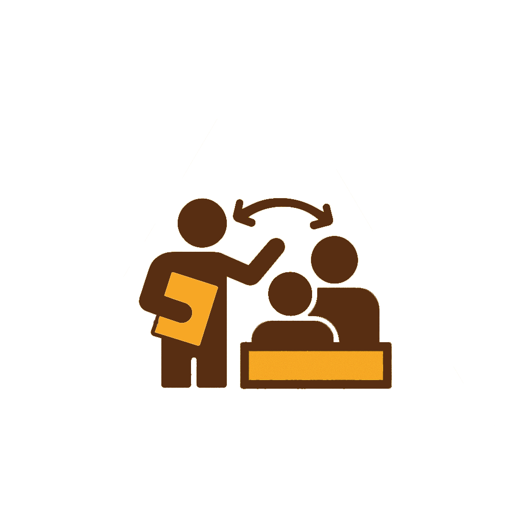 Icon showing a person with a book talking to two other people, with a double arrow indicating communication or exchange of information - Blocking Boss Award, Flame Award.