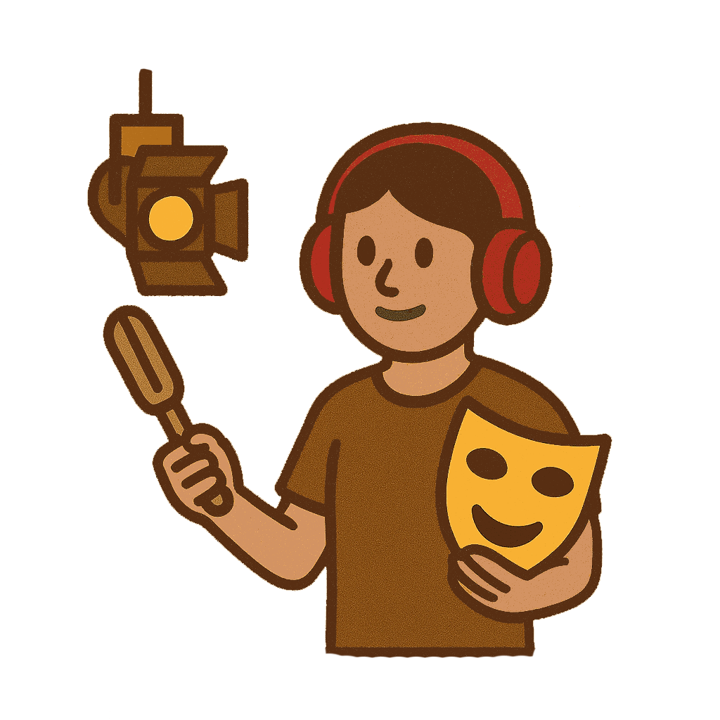 Person wearing headphones holding a theater mask and a spatula, standing in front of a film camera - Drama Designer Award, Kindling Ensemble.