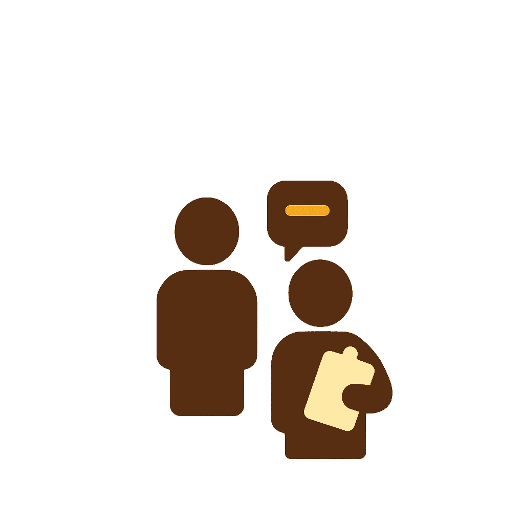 Illustration of two people, one holding a document and the other with a speech bubble containing a speech - Peer Coach Award, Flame Ensemble.