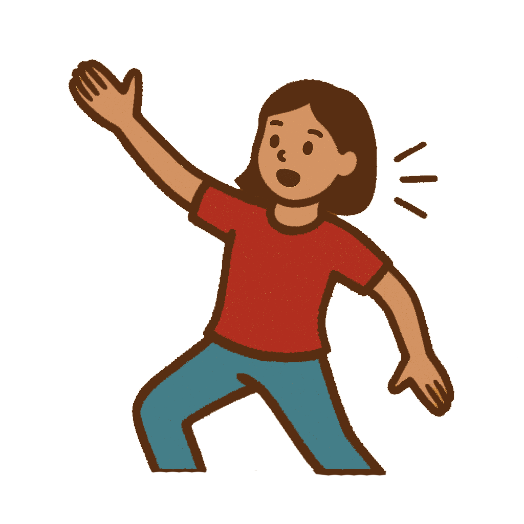 Animated girl with brown hair, wearing a red shirt and blue pants, raising her right arm with a cheerful expression - Voice and Movement Maker Award, Kindling Ensemble.