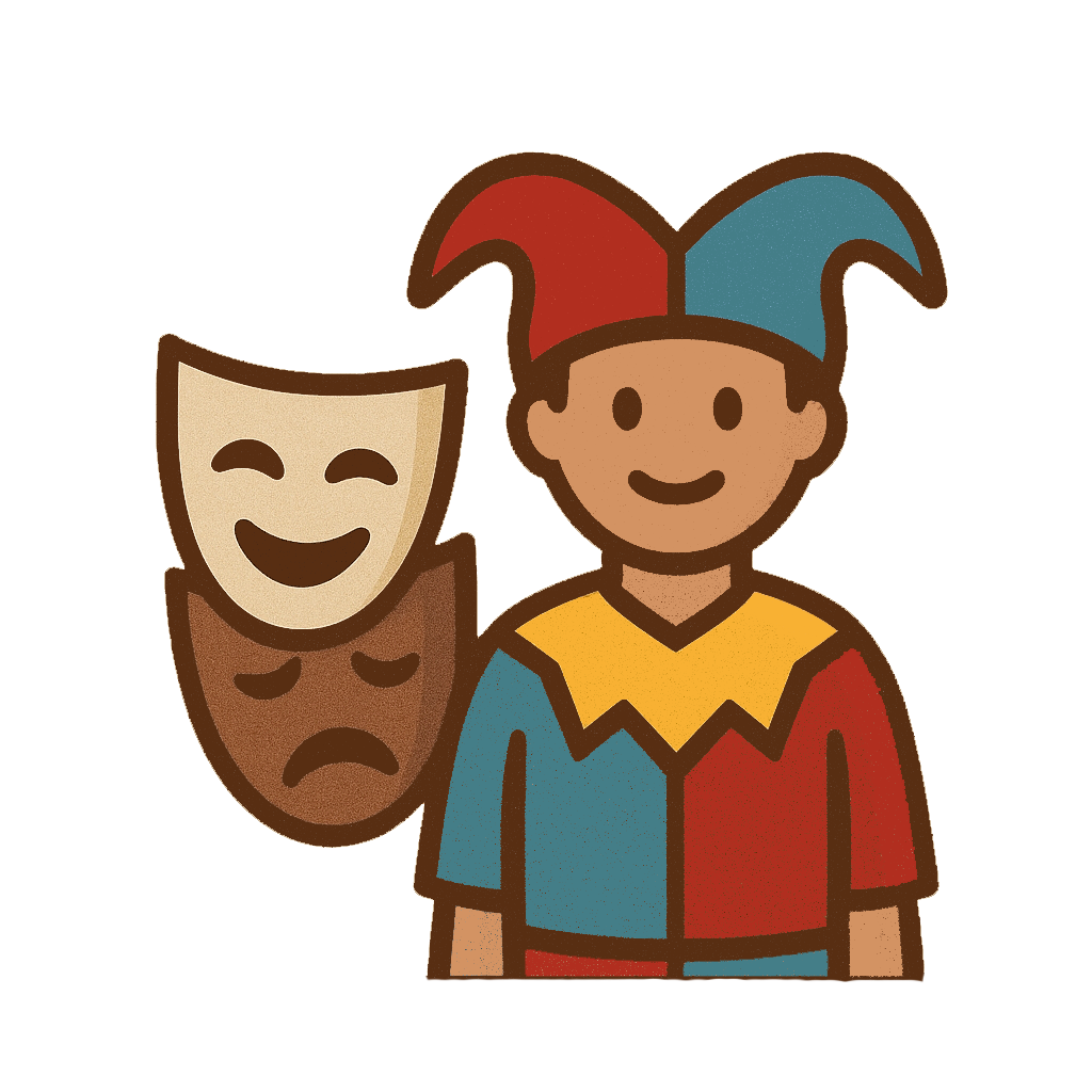 Cartoon of a smiling boy wearing a jester hat with red and blue sections, standing in front of a comedy and tragedy mask - Character Crafter Award, Kindling Ensemble.