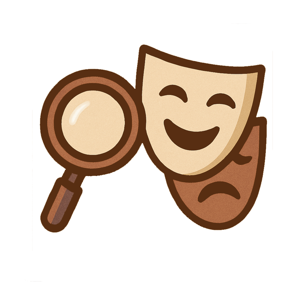 A humorous illustration of comedy and tragedy masks with a magnifying glass - Ensemble Explorer Award, Kindling Ensemble.