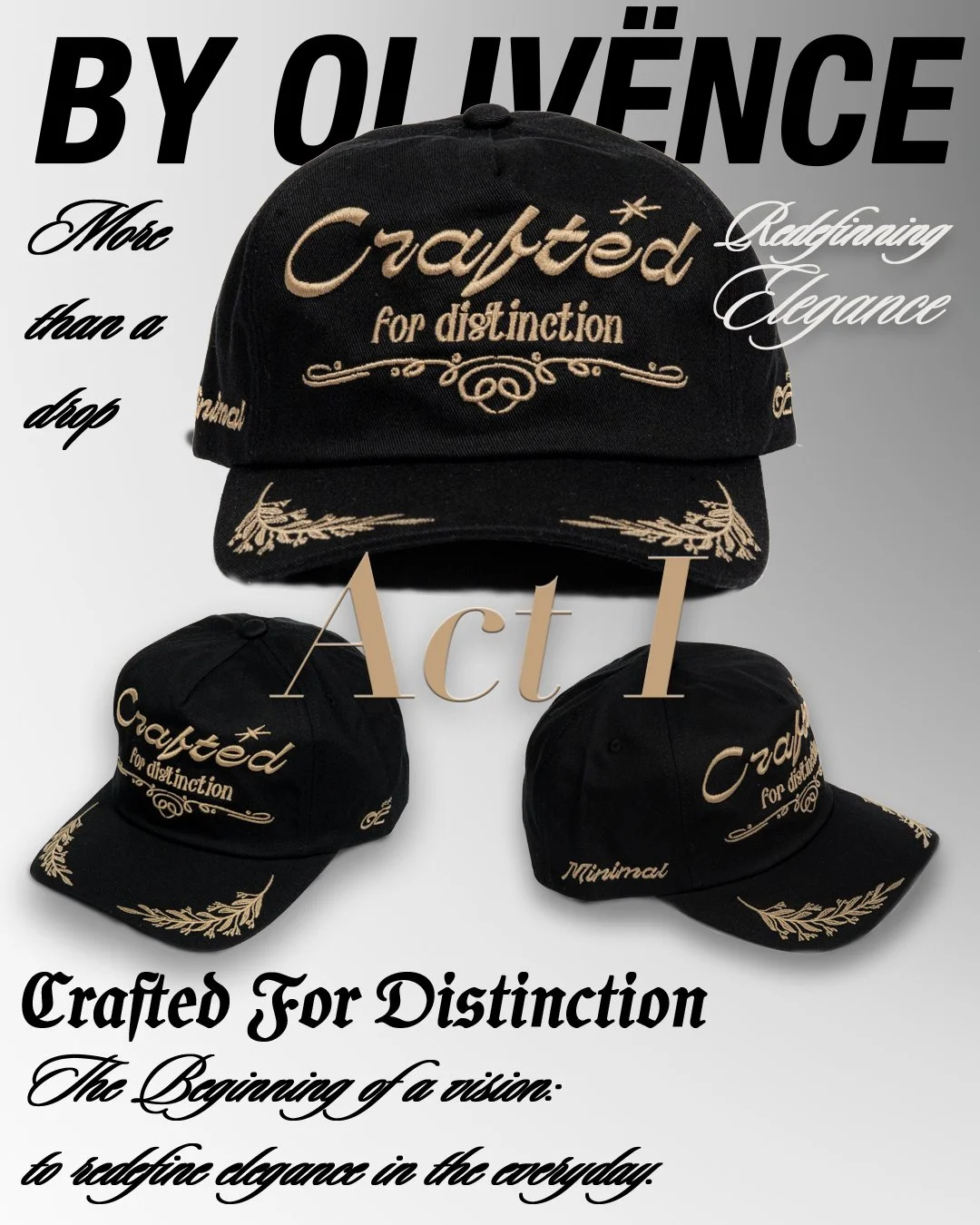 A black cap with embroidered gold text, reading 'Crafted for distinction' and decorative designs, along with two matching black caps, all featuring similar embroidery and gold accents. The image includes overlay text promoting fashion accessories.