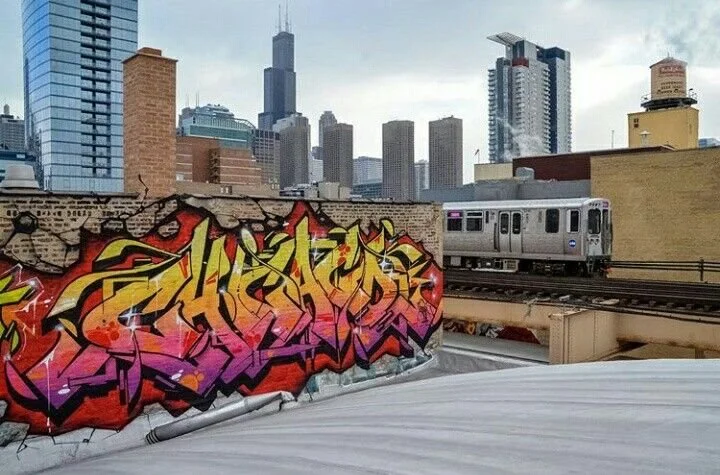 Graffiti art on a brick wall with a city skyline and a silver train on elevated tracks in the background in an urban setting.