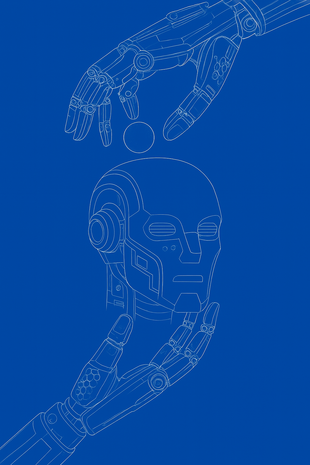Line drawing of a robotic hand releasing a sphere into a robotic head, symbolizing artificial intelligence or robotics.