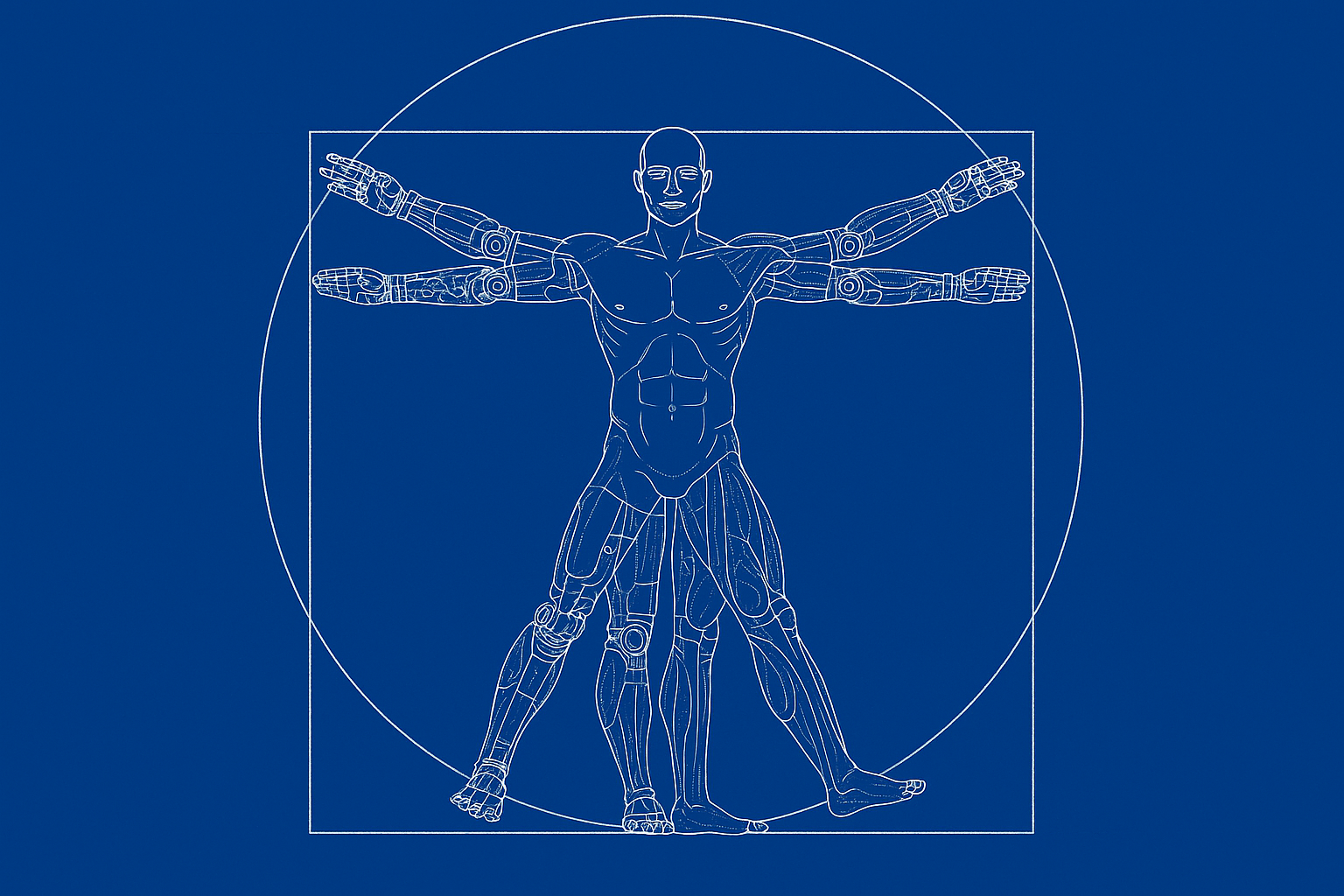 Blueprint-style illustration of a human figure with arms outstretched, showing musculoskeletal and mechanical details, on a dark blue background.