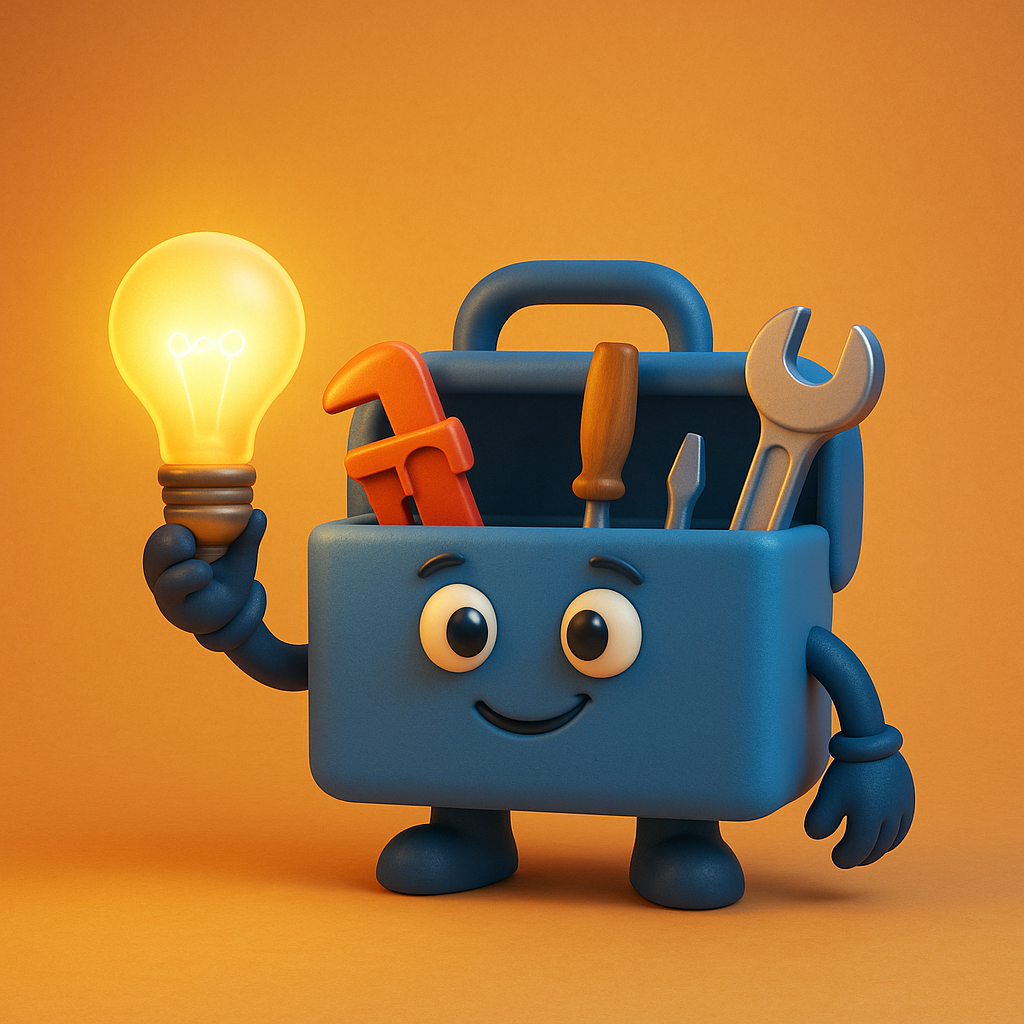 Animated toolbox character with eyes, mouth, arms, and legs, holding a glowing lightbulb, surrounded by tools like a wrench, screwdriver, and paint scraper, on an orange background.