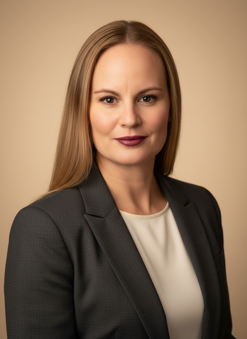 A professional woman with long light brown hair, wearing a dark blazer and white top, standing against a beige background.