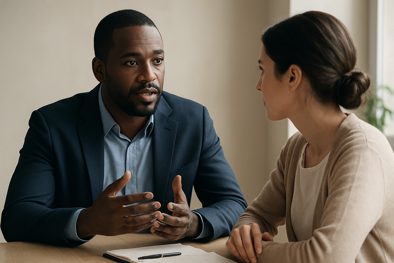 A man in a blue suit and woman in a beige sweater sit at a table engaged in conversation, with a notepad and pen on the table.