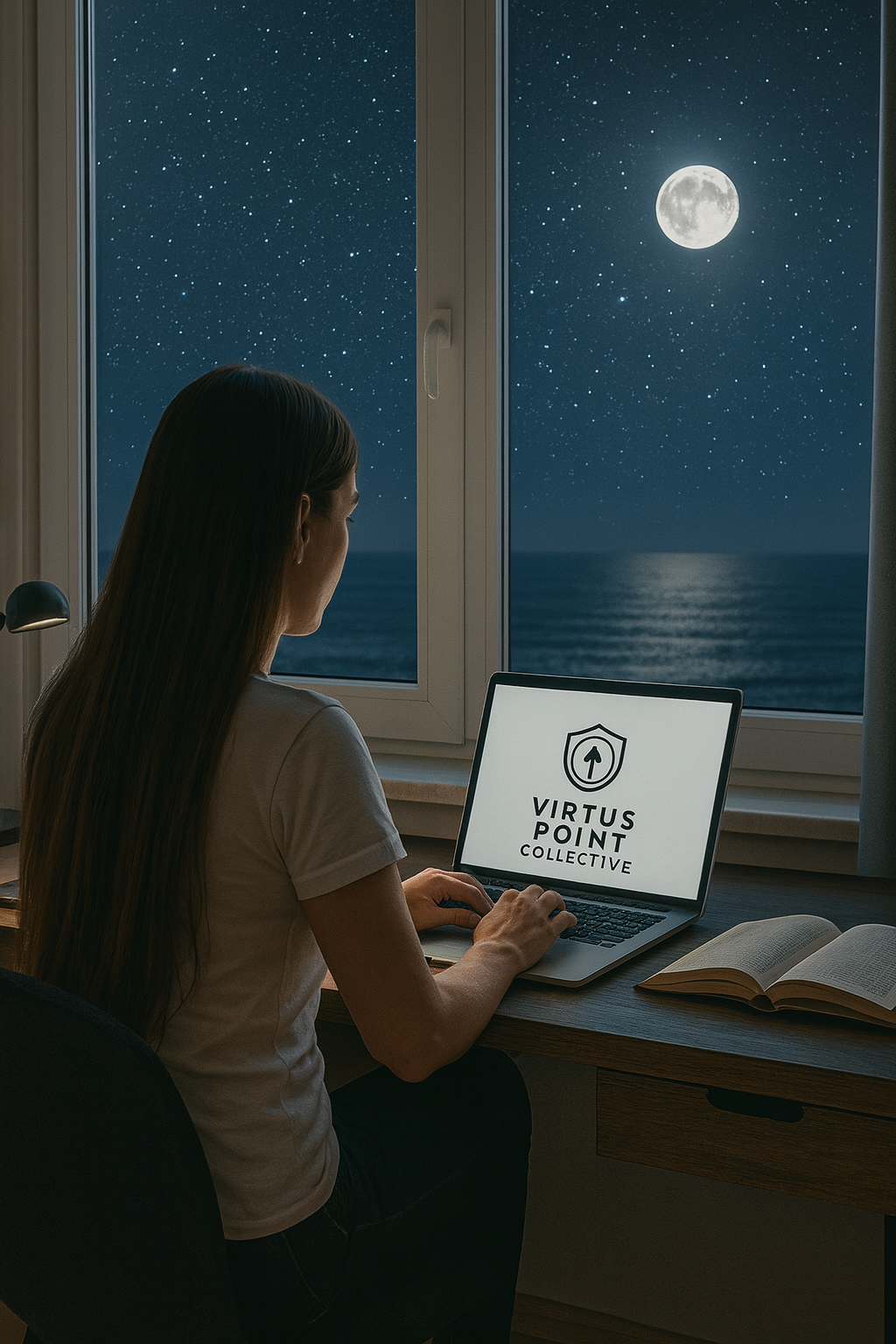 A woman sitting at a desk working on a laptop with the logo 'Virtus Point Collective' on the screen, looking out a window at a starry night sky and the full moon over the ocean.