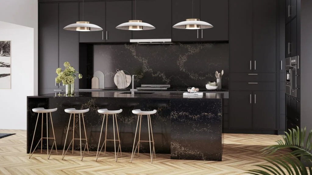 Et svart stilrent kjøkken med Caesarstone Vanilla noir benkeplate og kjøkkenøy