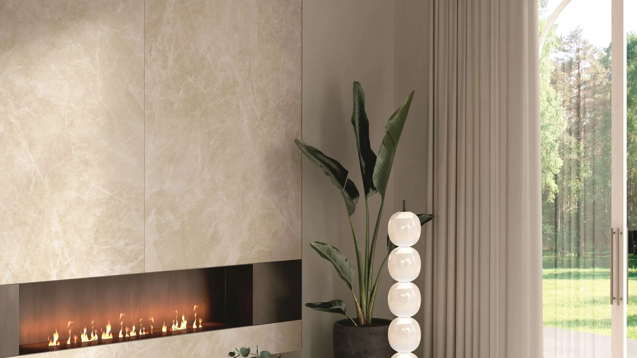 Peis med keramisk beige kremhvit kledning av Laminam Diamond Cream