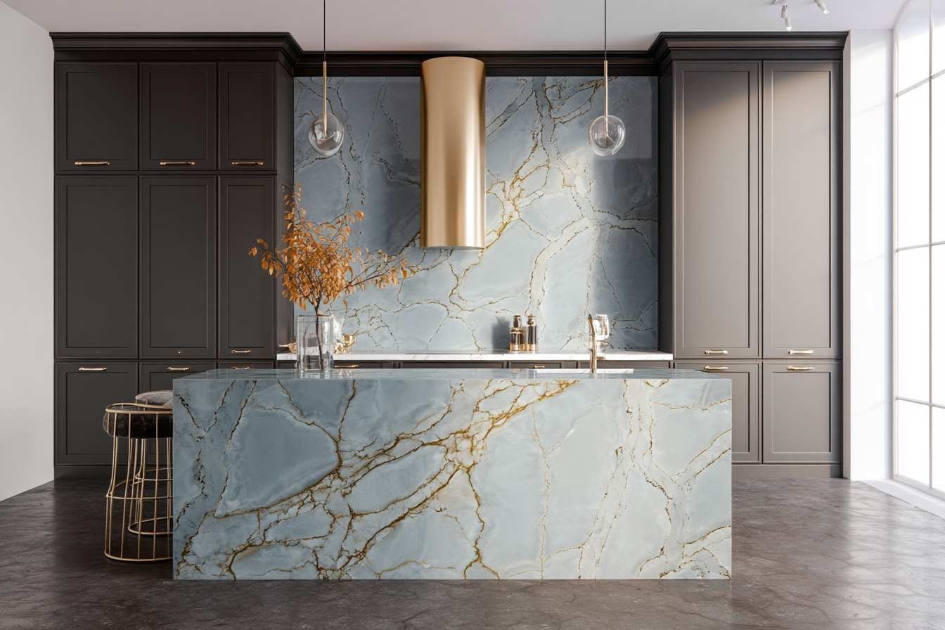 Modern kitchen with a large blue and gold veined marble island, black cabinetry, gold accents, and a gold range hood, illuminated by natural light through large windows.