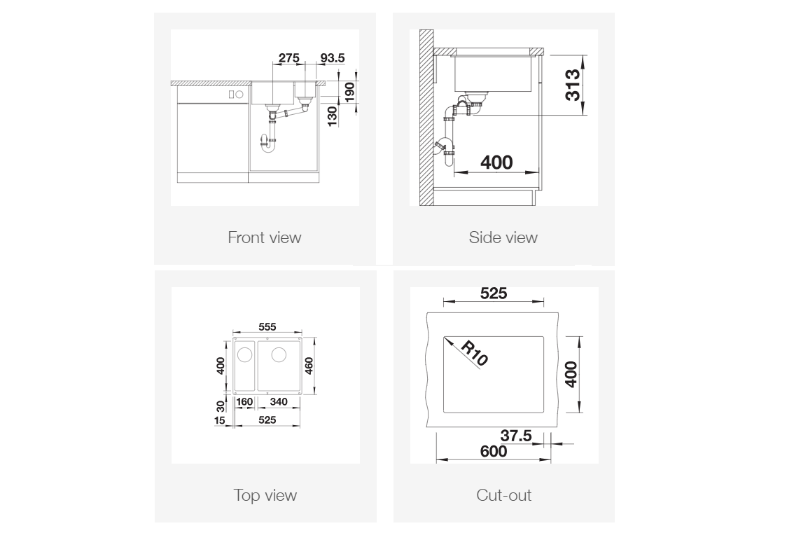 Blanco Subline 340-160-U Fargede komponenter Mål Dimensjoner.png