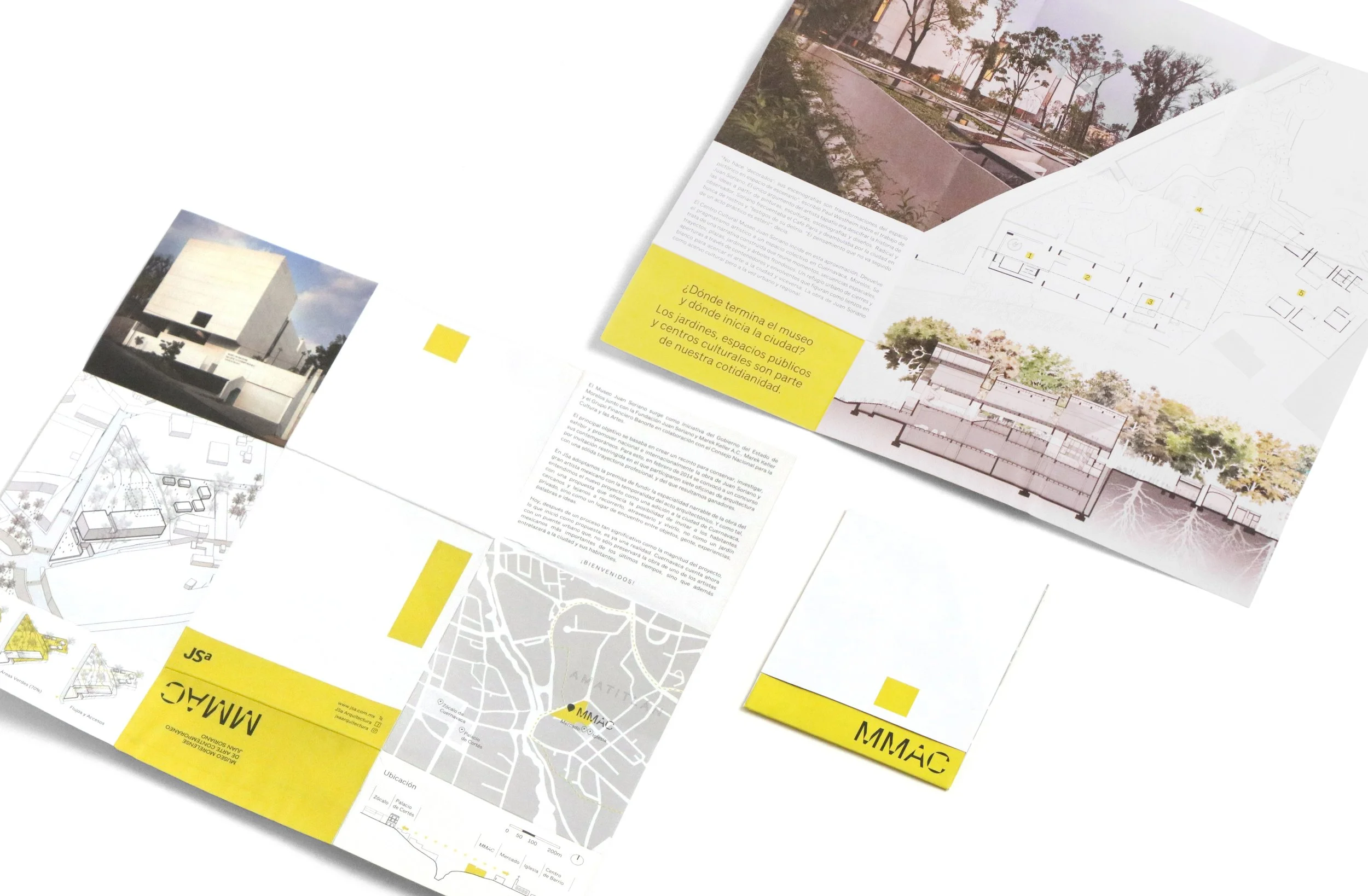 Brochure featuring architectural plans, photographs of a building and outdoor spaces, maps, and informational text in yellow highlights.