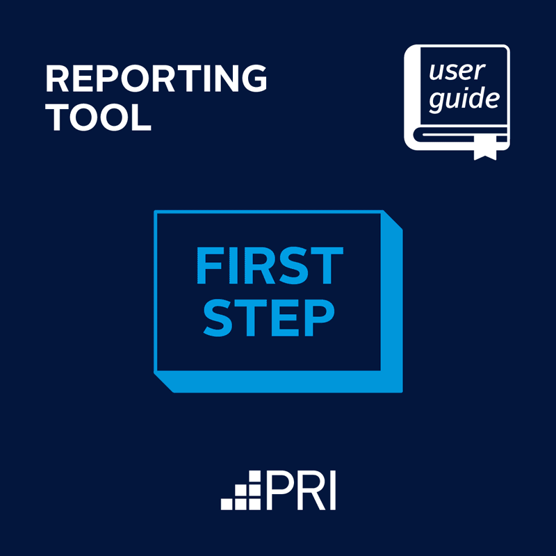 Cover of a user guide titled 'Reporting Tool First Step' with the PRI logo at the bottom and a dark blue background.