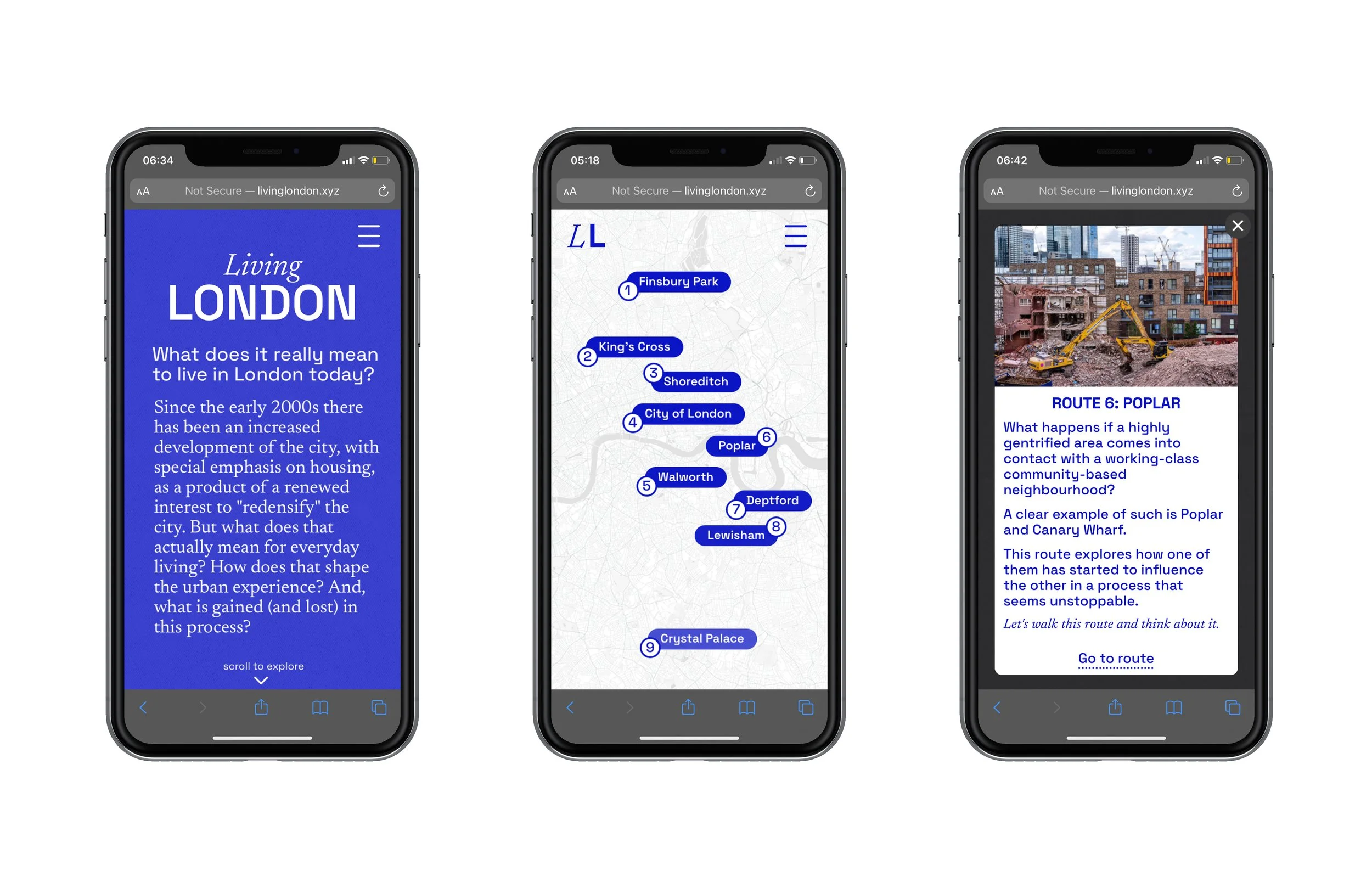 Three smartphones displaying a website about living in London, with one page of text, a map with numbered locations, and a page about Route 6: Poplar showing a construction site picture and descriptive text.