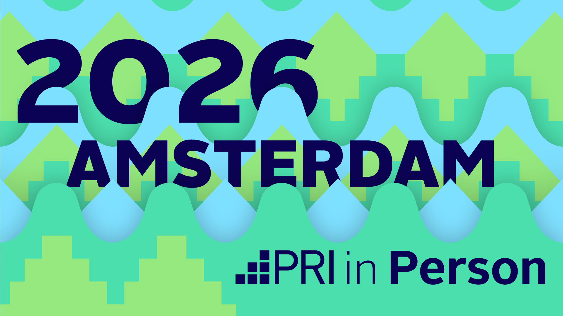 Colorful graphic design with the text '2026 AMSTERDAM' in bold navy blue letters, with a background of geometric shapes and patterns in shades of green and blue, and the text 'PRI in Person' in navy blue at the bottom.