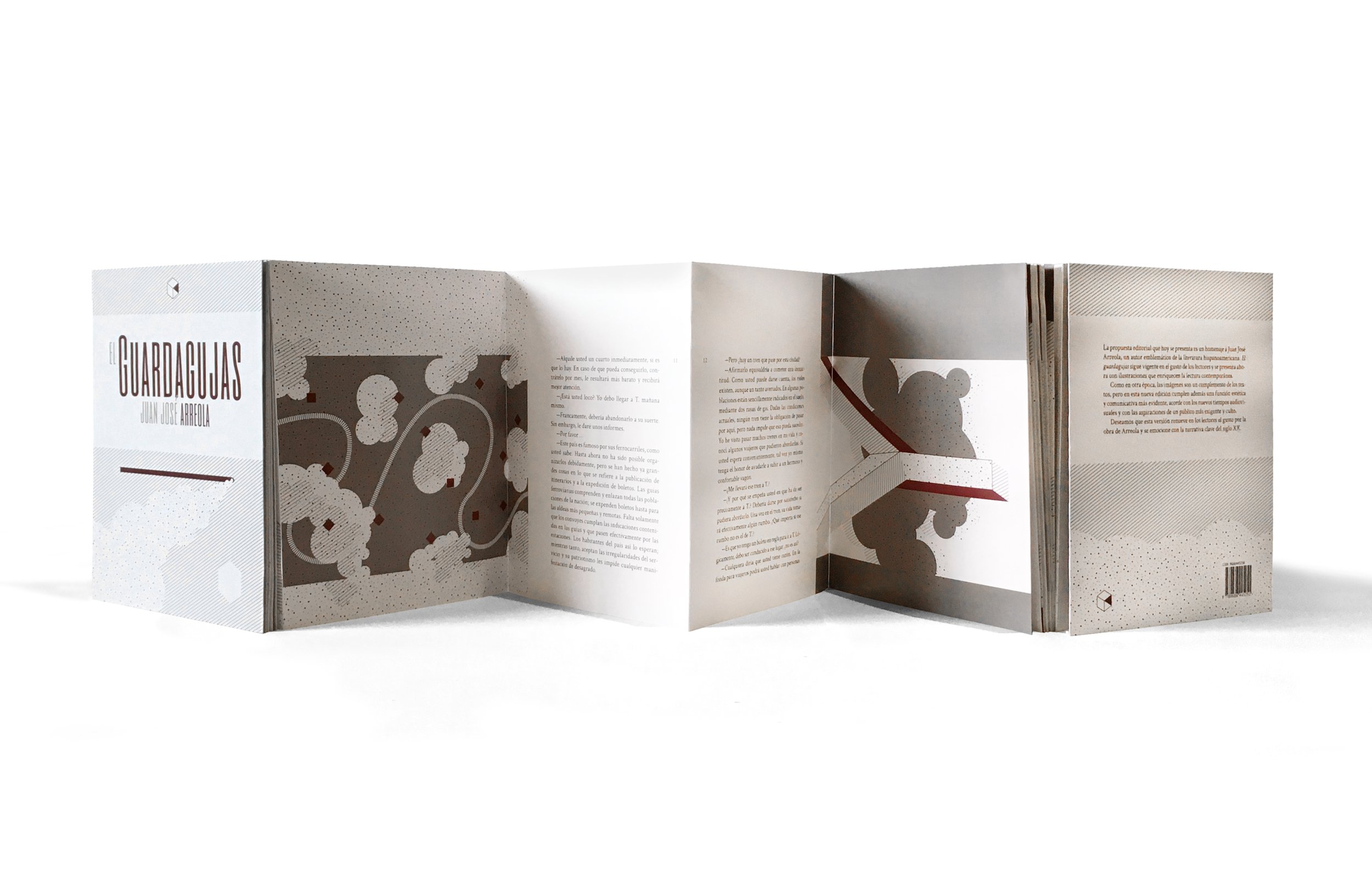 Open art book titled 'El Guardagujas' by Juan Jose Arebola, showing illustrated pages with abstract shapes and text, set against a white background.