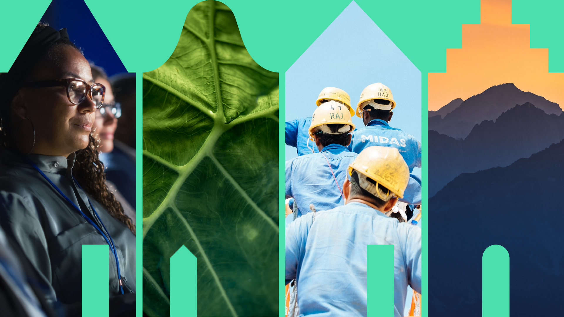 A collage with four vertical sections showing a woman attending a conference, a close-up of a green leaf, construction workers wearing helmets, and a mountain landscape at sunset.