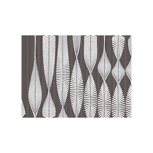 Black and white geometric pattern of stylized leaves with intricate lines and shapes.