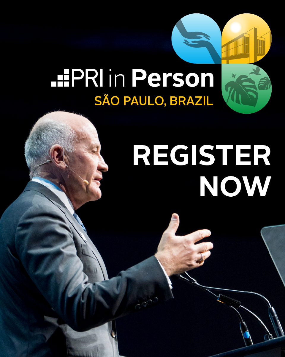 A man speaking at a podium with a microphone, gesturing with his hand, during a conference titled 'PRI in Person' in São Paulo, Brazil, with logos and text promoting registration.