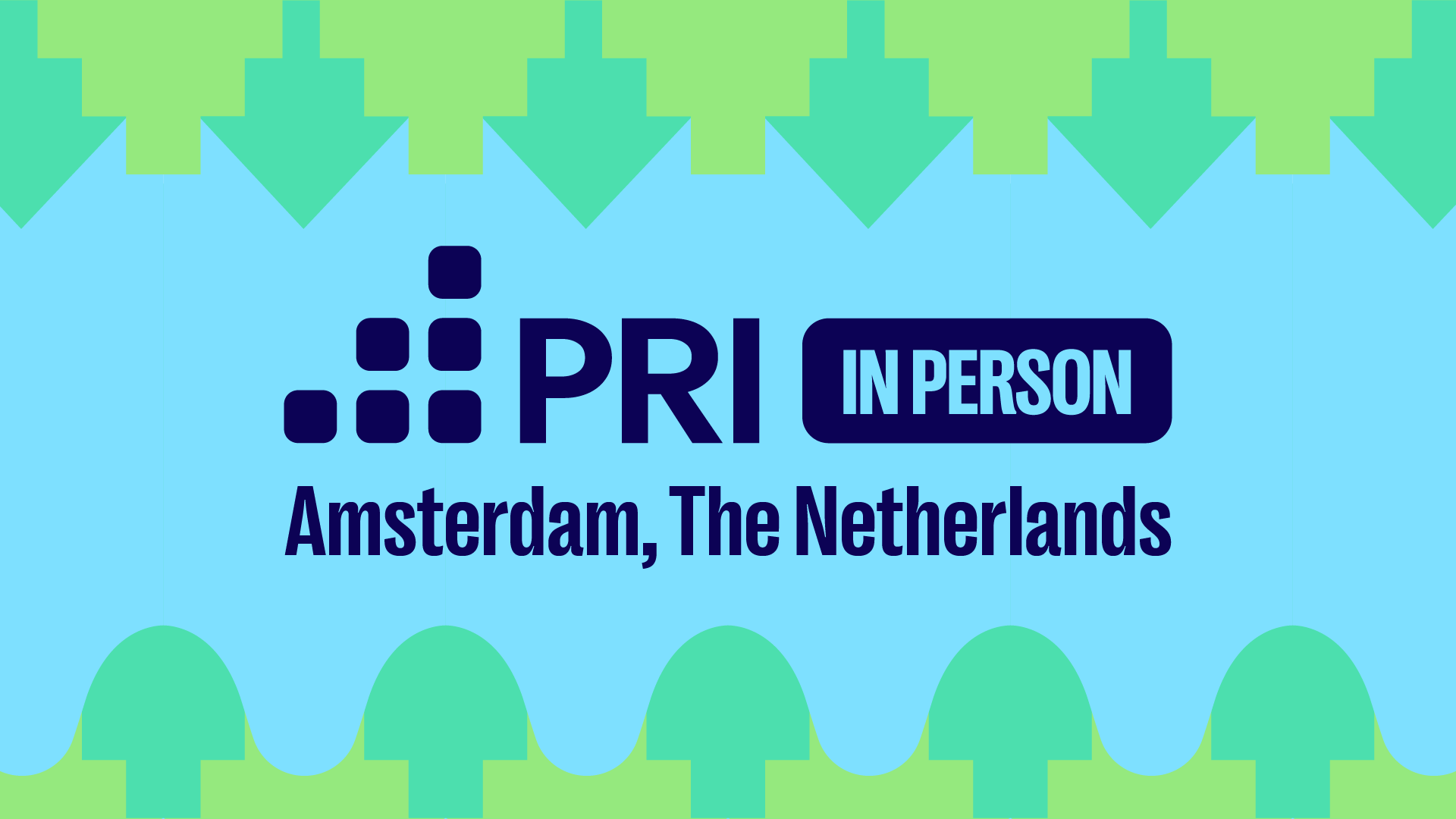 A promotional banner for PRI in Person event held in Amsterdam, The Netherlands, featuring a background with green and blue geometric patterns and dark blue text.