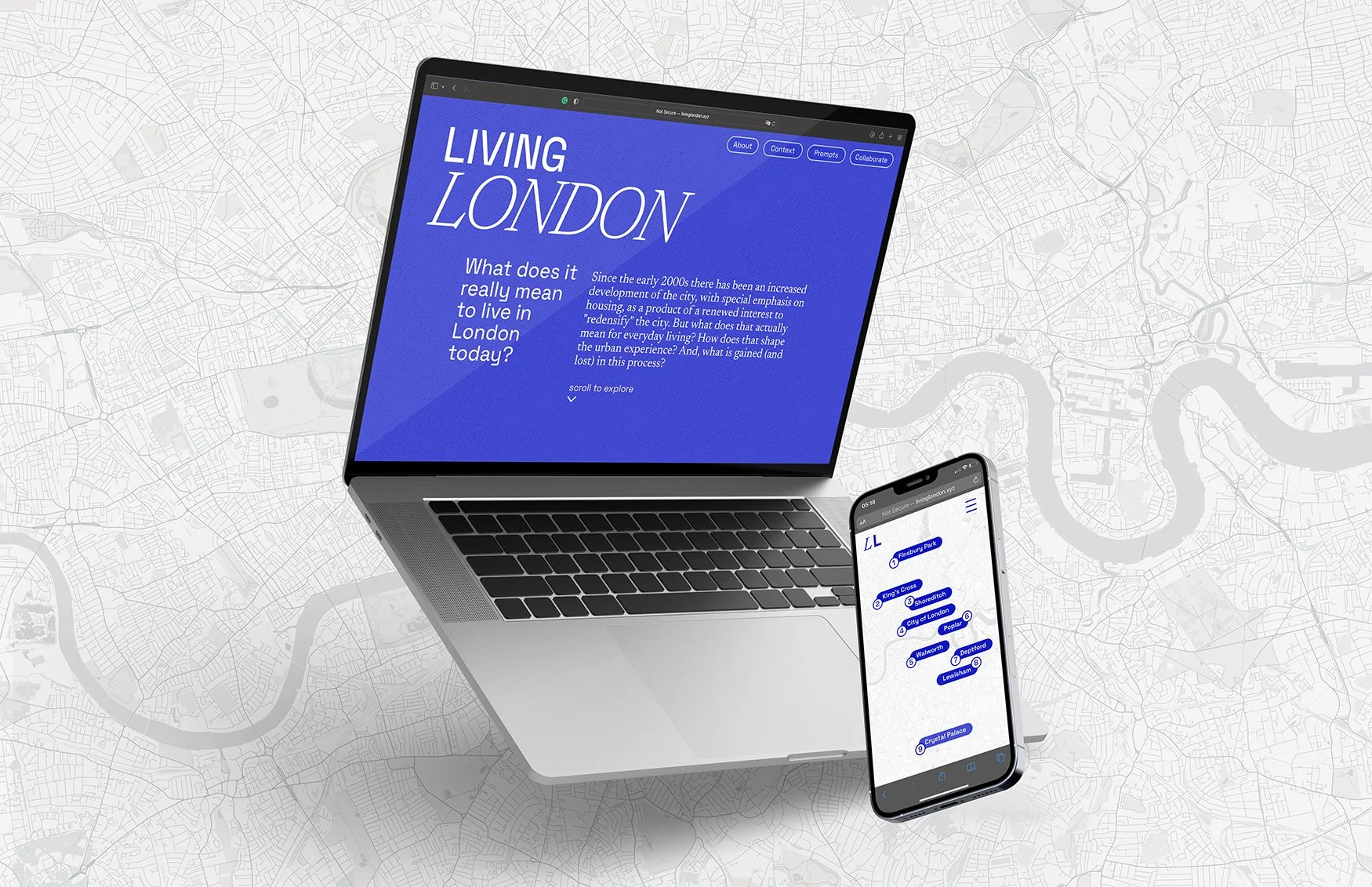 Laptop and smartphone on a map of London. The laptop screen displays a webpage titled "Living London" with text about city living, and the smartphone shows a map with points of interest like parks and well-known locations in London.