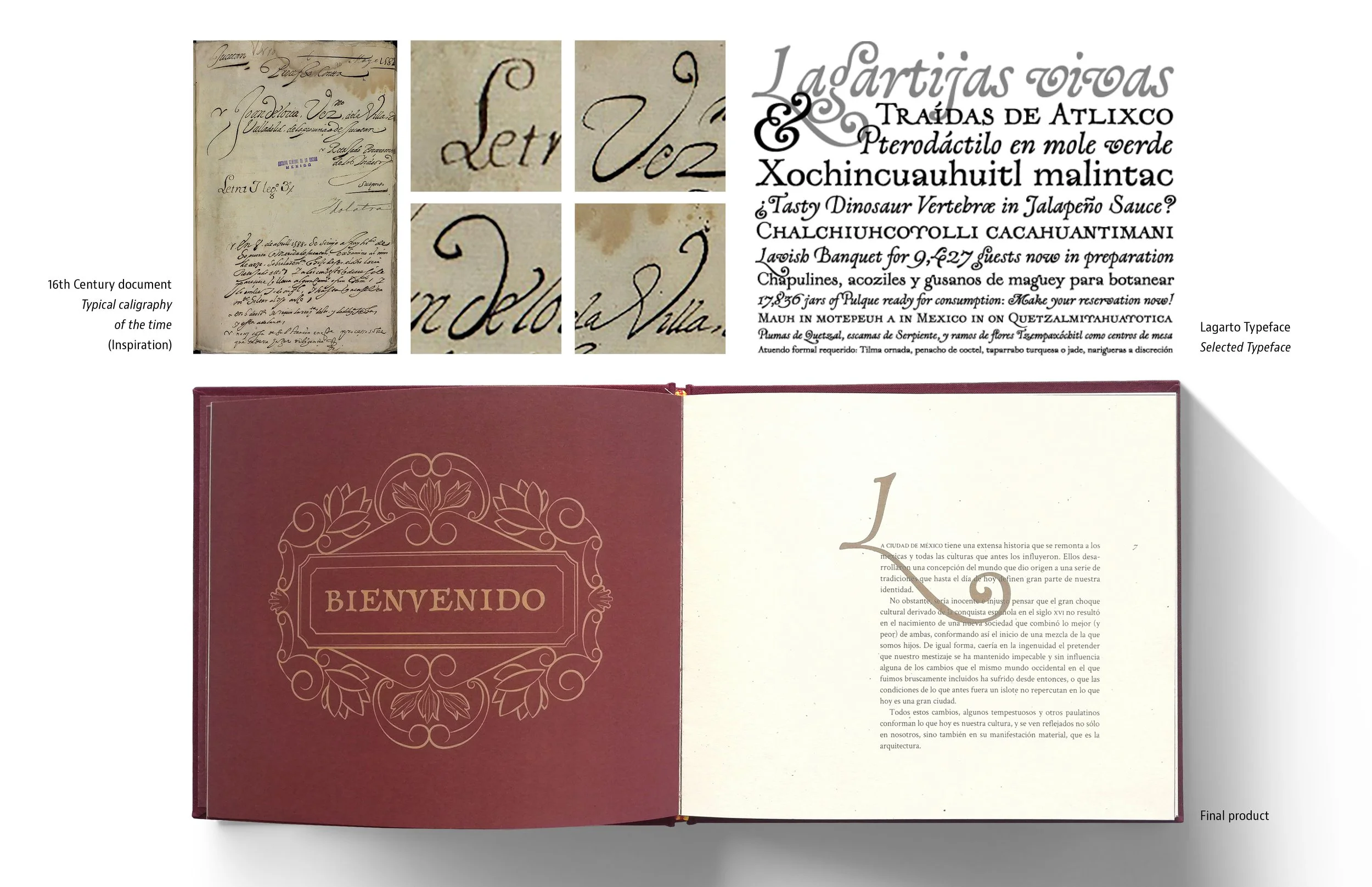 An open book with a maroon cover that has the word "Bienvenido" inside a decorative frame on the left page, and a large number '1' followed by text in Spanish on the right page.