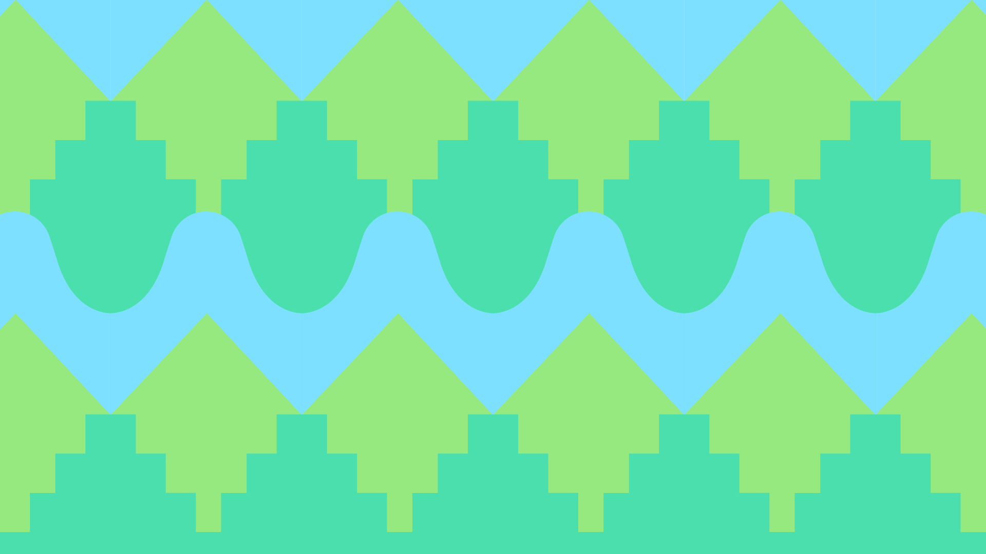 Pixel art pattern with blue, green, and light green triangles and wavy shapes arranged in a repeating pattern.