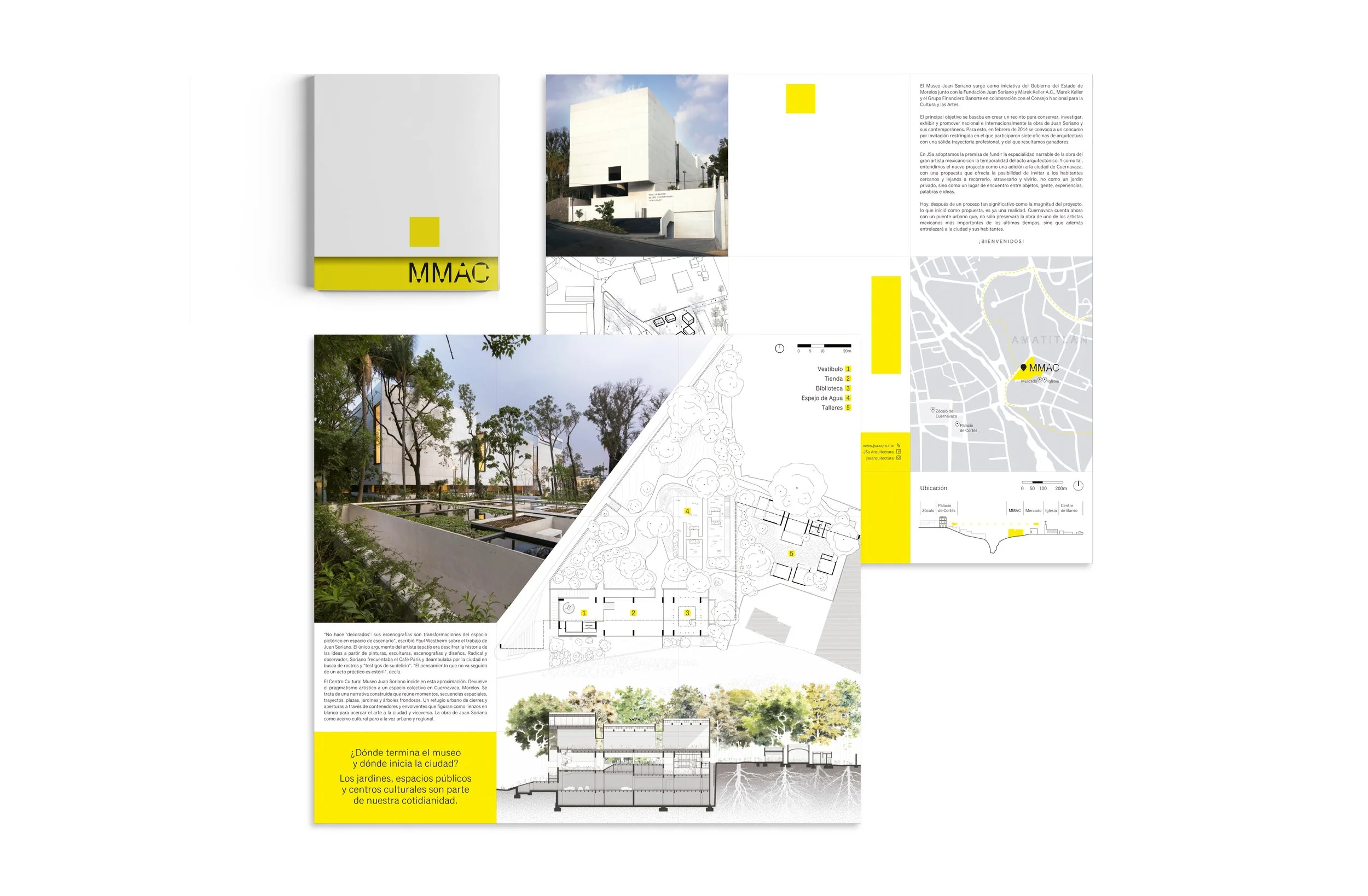 A detailed architectural presentation board featuring images and diagrams of a modern white building, located in Cuernavaca, Mexico, with plans, maps, and descriptions in Spanish highlighting the design and construction process.