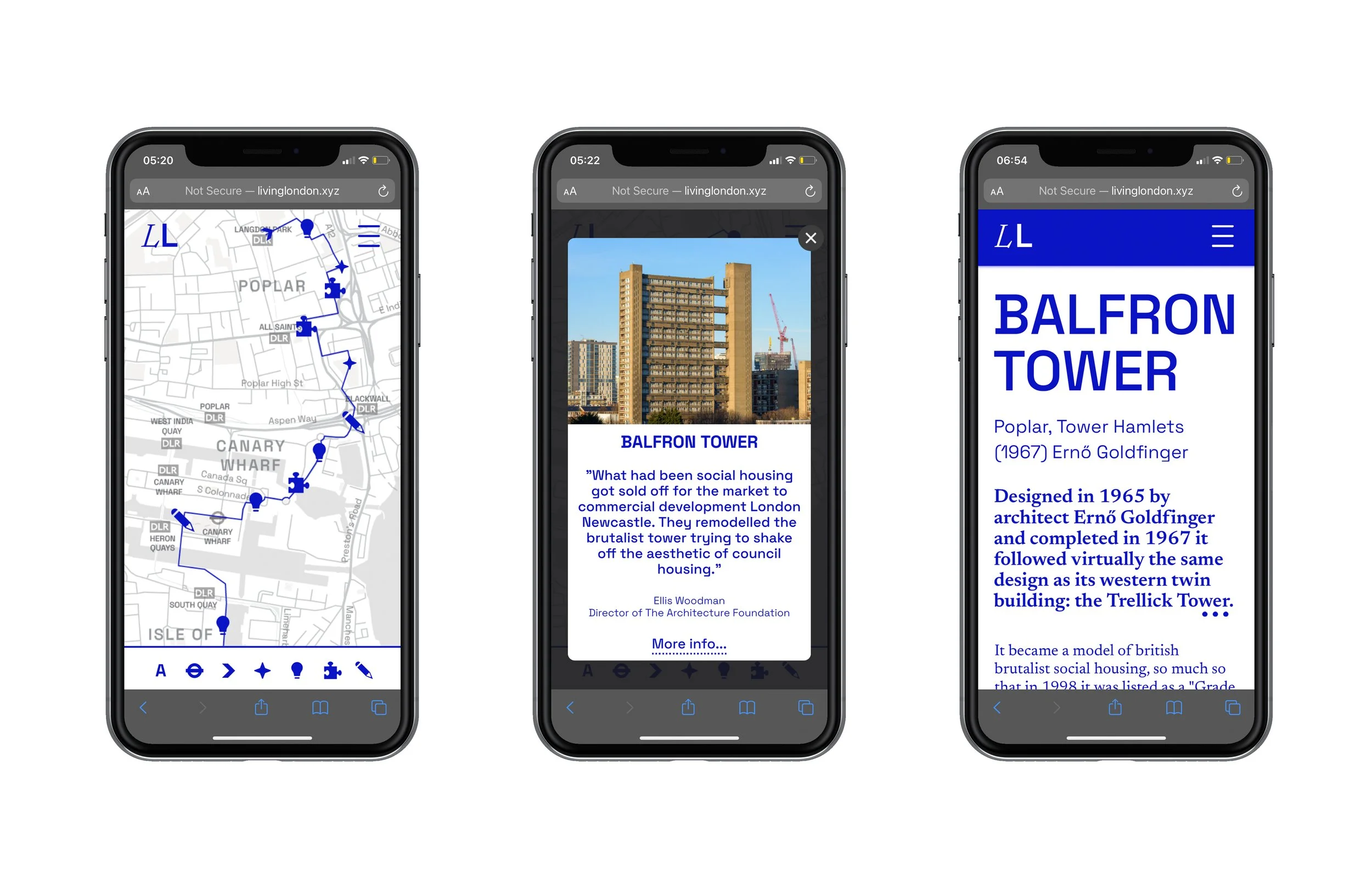 Screenshots of a mobile website showing a map, an information pop-up about Balfron Tower, and a detailed page about Balfron Tower.