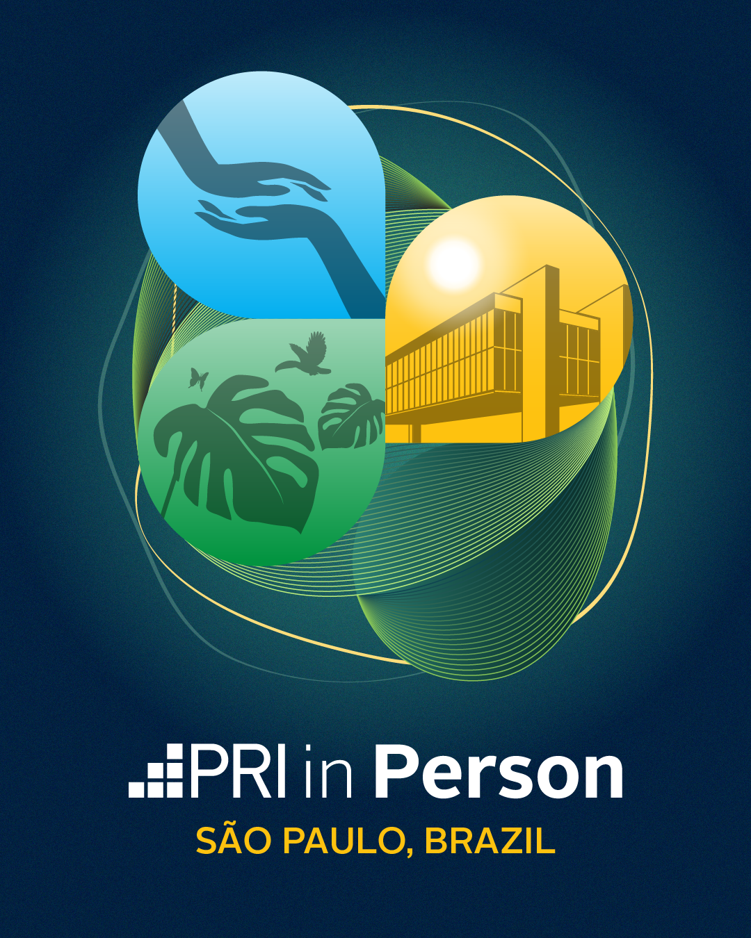 Graphic with three circular icons: hands holding a plant, tropical leaves with birds, and modern building, over a dark background with the text 'PRI in Person São Paulo, Brazil'.