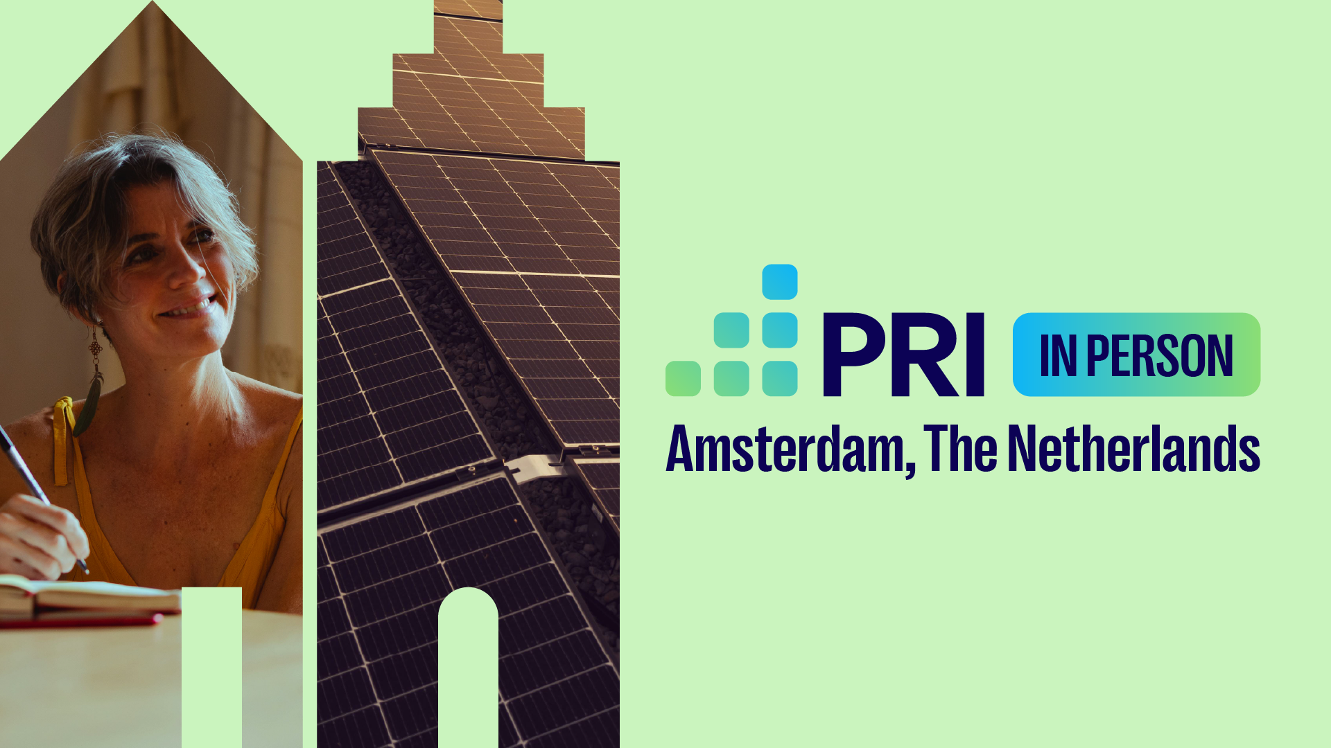 A woman with short brown hair smiling, holding a pen and a notebook, with solar panels in the background, and the logo 'PRI IN PERSON Amsterdam, The Netherlands' on a light green background.