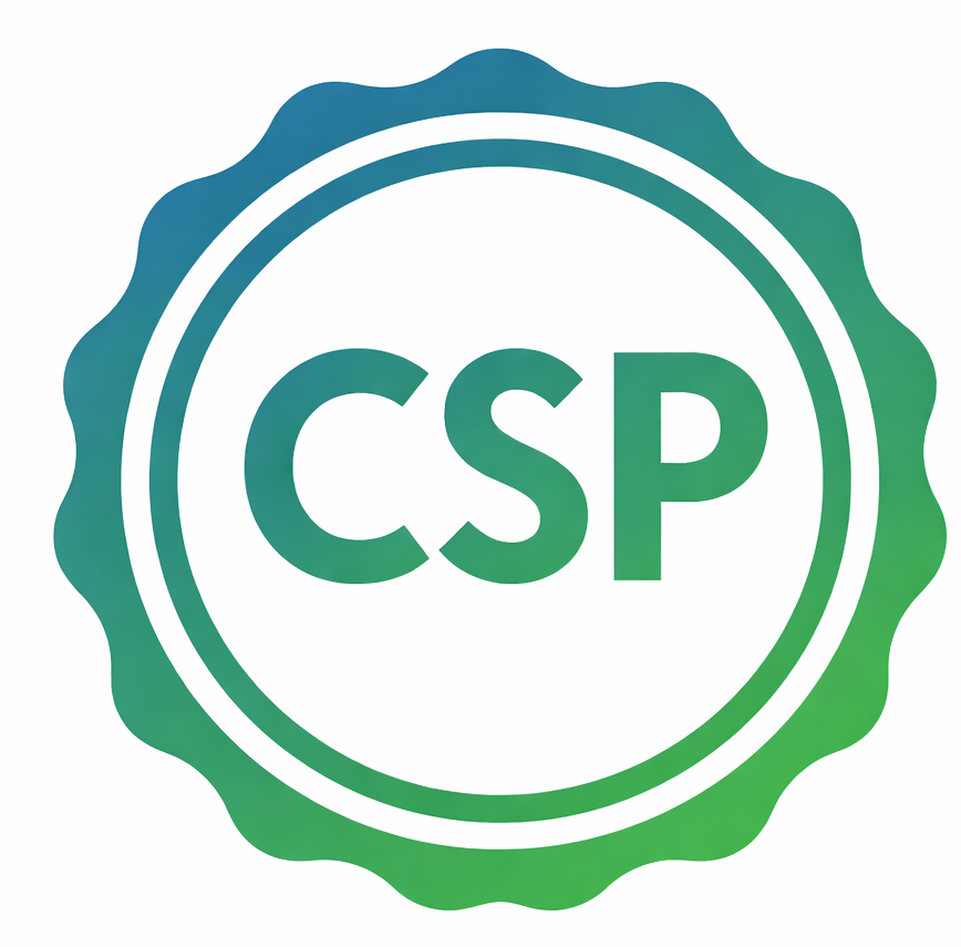 A cartoonized image of the CSP badge. The image is circular with the Letters C, S, and P in the center. this represents the Certified Safety Professional certification