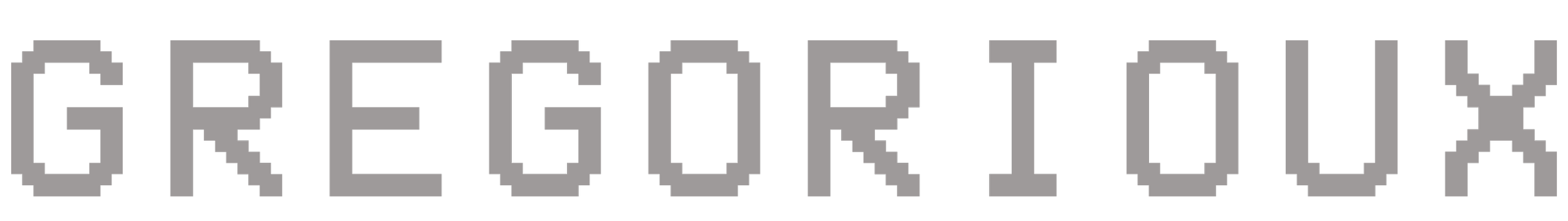 Pixelated text spelling 'GREGORIOUX' in gray on a black background.