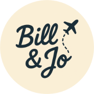 Logo with the text 'Bill & Jo' and an airplane icon