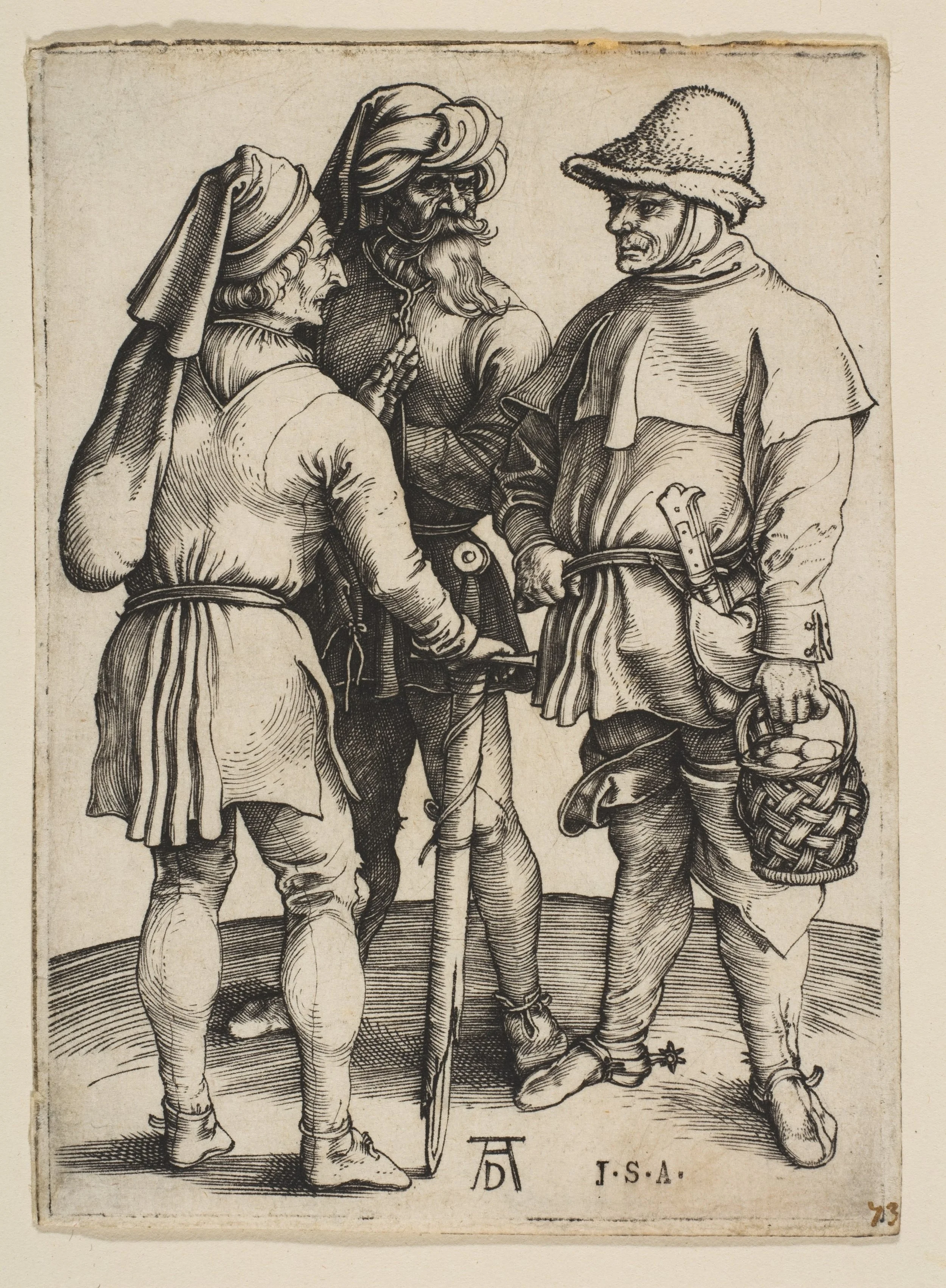 Albrecht Dürer, Three Peasants in Conversation, ca. 1497. Engraving; sheet, The Metropolitan Museum of Art, New York (public domain).