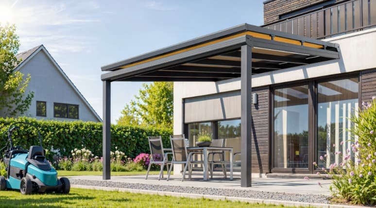 Uitzicht van een patio met een terras, inclusief een tafel en vier stoelen, onder een overkapping voor een huis, met een grasveld en tuin in de achtergrond.