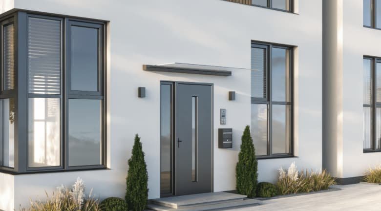 Moderne witte woning met grote ramen, een centrale voordeur en groene struiken ernaast.