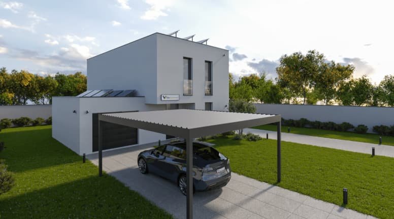 Moderne witte woning met carport en een zwarte auto eronder, groene tuin en een hoge witte muur in de achtergrond.